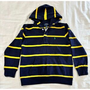 Polo Ralph Lauren Boys Navy Yellow Striped Rugby Hoodie Sweatshirt Size M 10-12